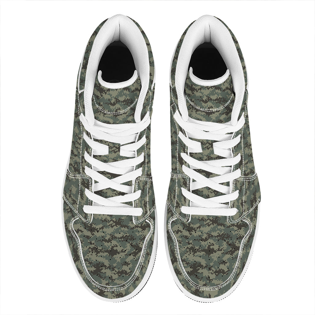 Forest Green Digital Camo Pattern Print High Top Leather Sneakers