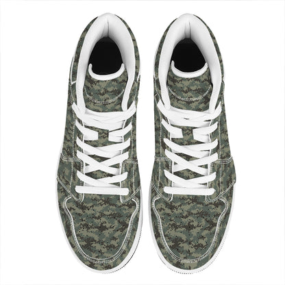 Forest Green Digital Camo Pattern Print High Top Leather Sneakers