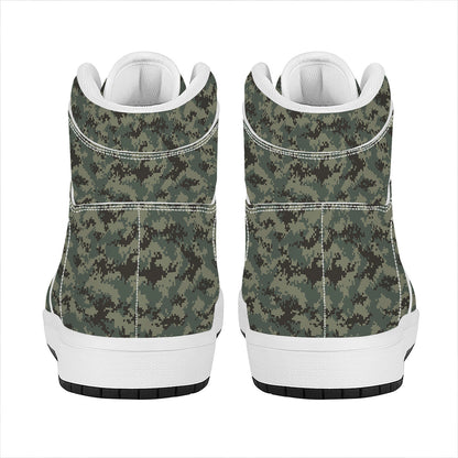 Forest Green Digital Camo Pattern Print High Top Leather Sneakers