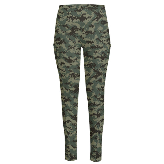 Forest Green Digital Camo Pattern Print High-Waisted Pocket Leggings