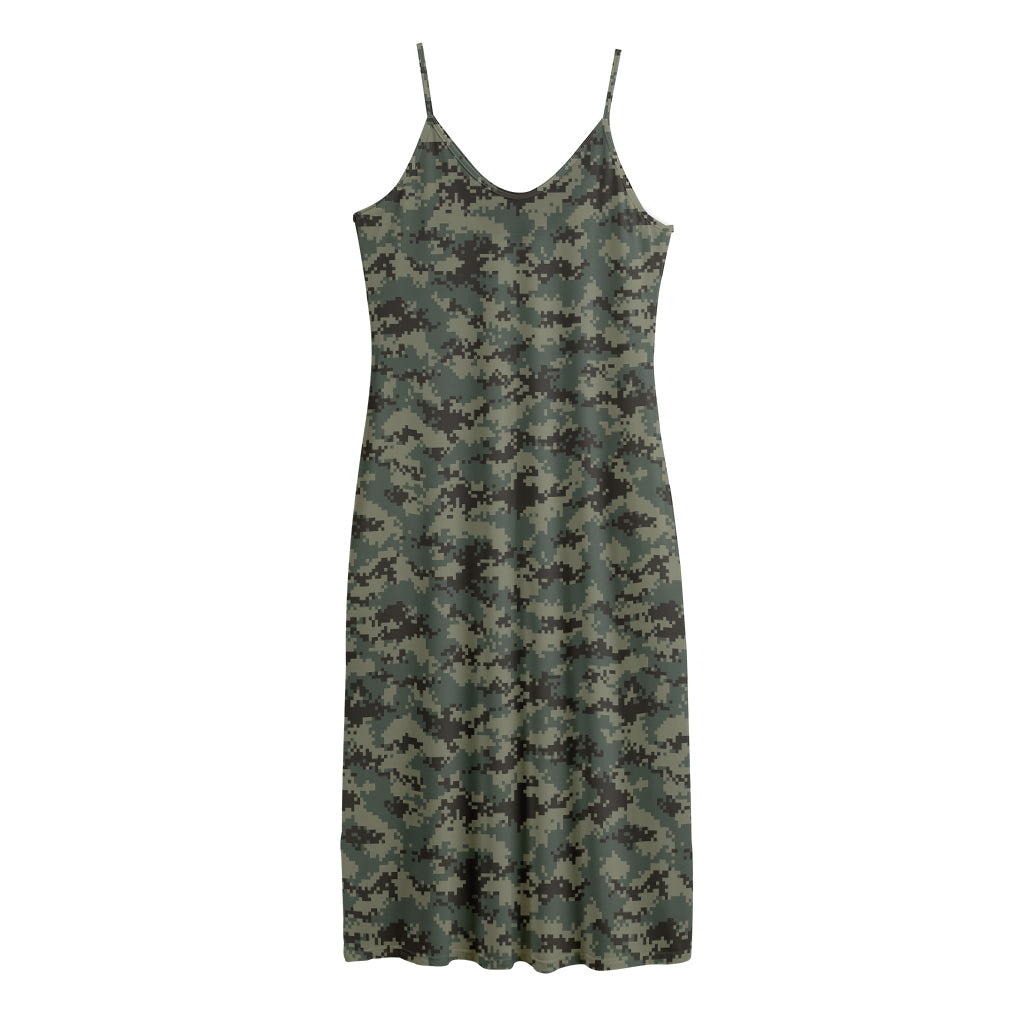 Forest Green Digital Camo Pattern Print Jersey Midi Cami Dress