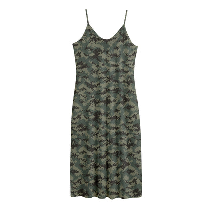 Forest Green Digital Camo Pattern Print Jersey Midi Cami Dress