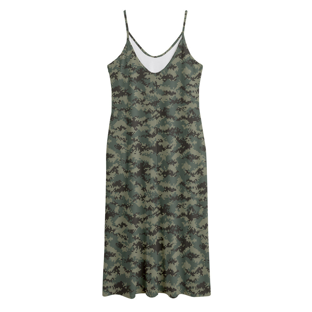 Forest Green Digital Camo Pattern Print Jersey Midi Cami Dress