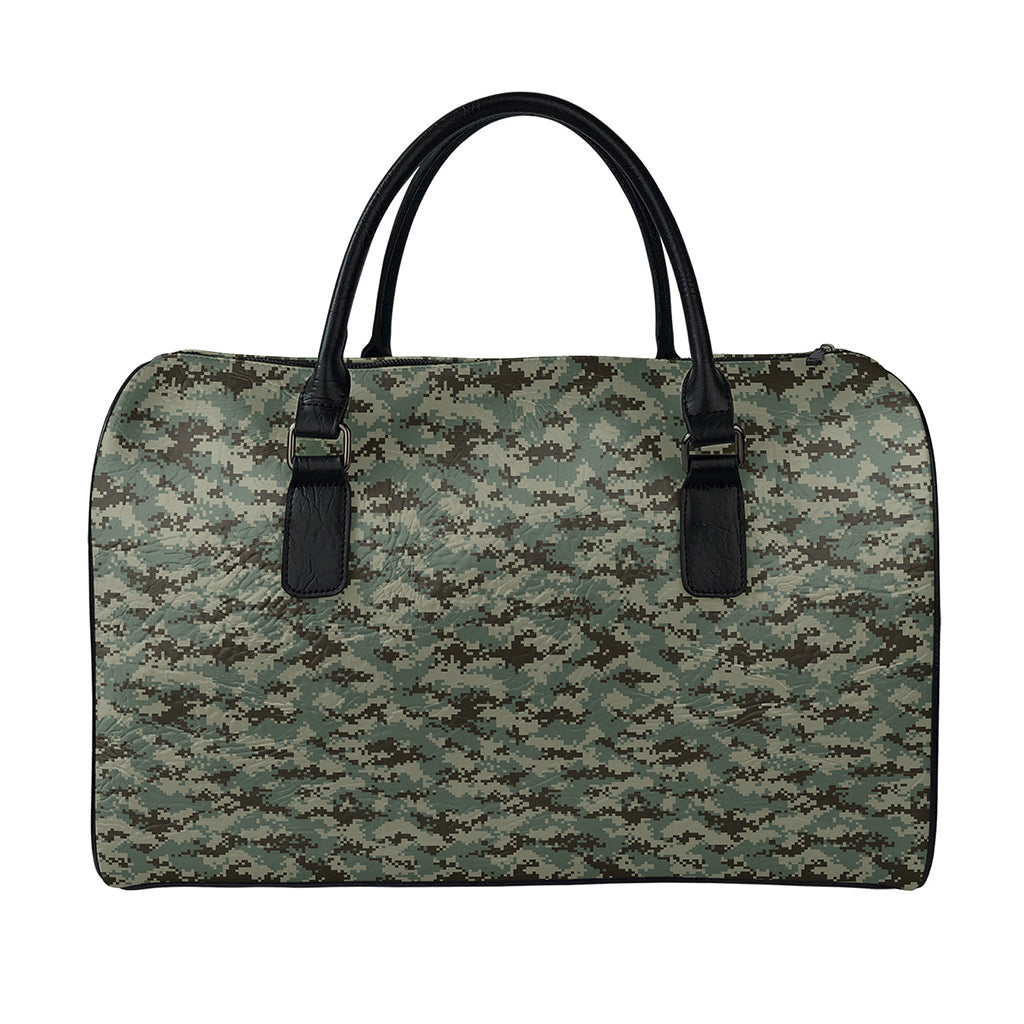 Forest Green Digital Camo Pattern Print Leather Duffle Bag