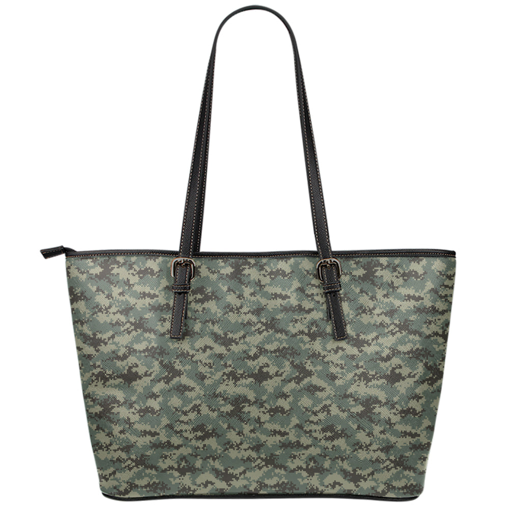 Forest Green Digital Camo Pattern Print Leather Tote Bag