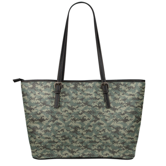 Forest Green Digital Camo Pattern Print Leather Tote Bag