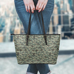 Forest Green Digital Camo Pattern Print Leather Tote Bag
