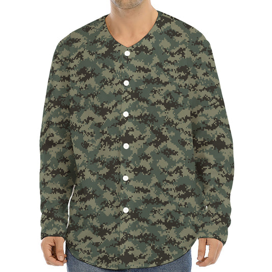Forest Green Digital Camo Pattern Print Long Sleeve Baseball Jersey