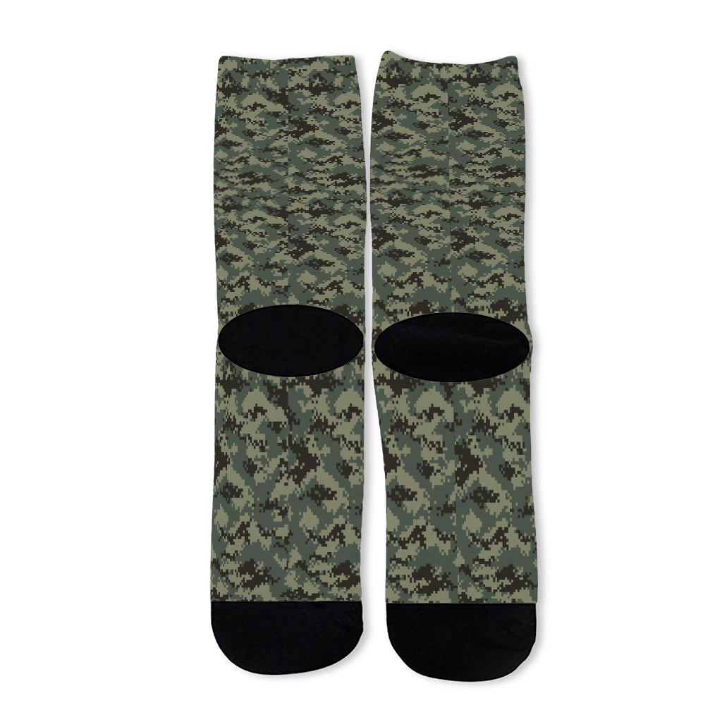 Forest Green Digital Camo Pattern Print Long Socks