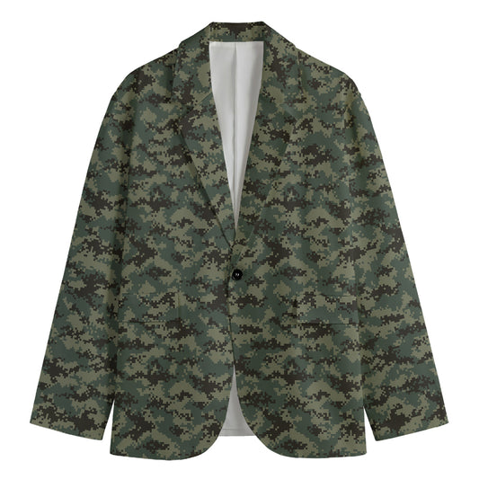 Forest Green Digital Camo Pattern Print Men's Cotton Blazer
