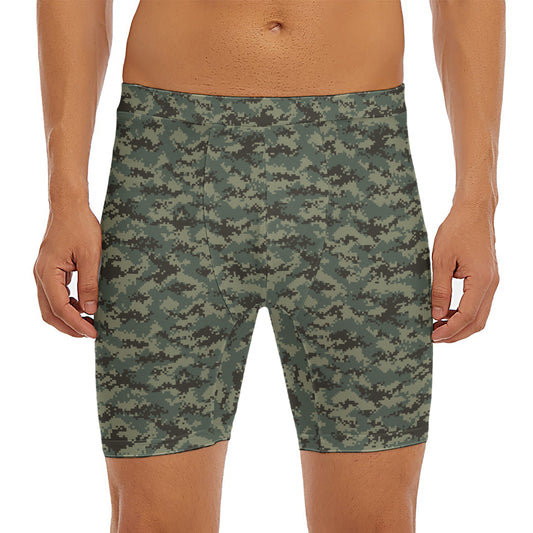 Forest Green Digital Camo Pattern Print Men's Long Boxer Briefs