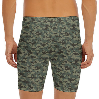 Forest Green Digital Camo Pattern Print Men's Long Boxer Briefs
