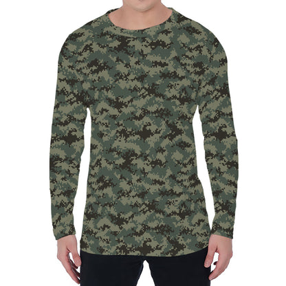 Forest Green Digital Camo Pattern Print Men's Long Sleeve T-Shirt