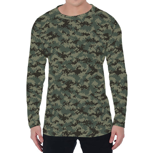 Forest Green Digital Camo Pattern Print Men's Long Sleeve T-Shirt
