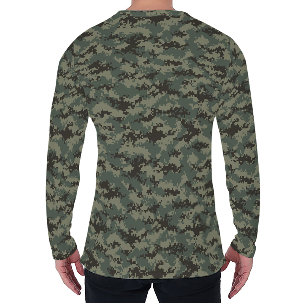 Forest Green Digital Camo Pattern Print Men's Long Sleeve T-Shirt