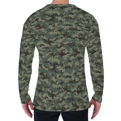 Forest Green Digital Camo Pattern Print Men's Long Sleeve T-Shirt