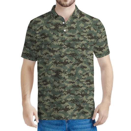 Forest Green Digital Camo Pattern Print Men's Polo Shirt