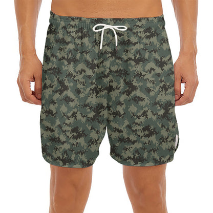 Forest Green Digital Camo Pattern Print Men's Split Running Shorts