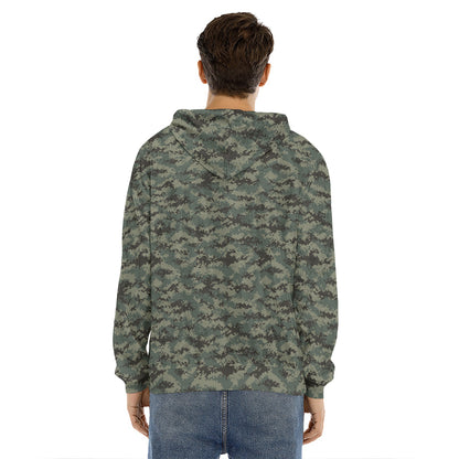 Forest Green Digital Camo Pattern Print Men's Velvet Pullover Hoodie