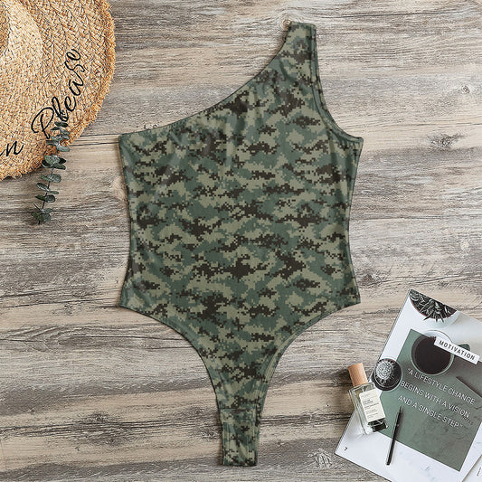 Forest Green Digital Camo Pattern Print One Shoulder Bodysuit