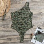 Forest Green Digital Camo Pattern Print One Shoulder Bodysuit