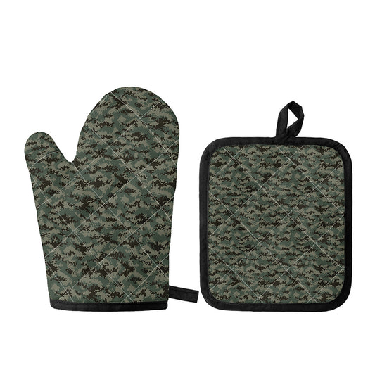 Forest Green Digital Camo Pattern Print Oven Mitt And Pot Holder Set