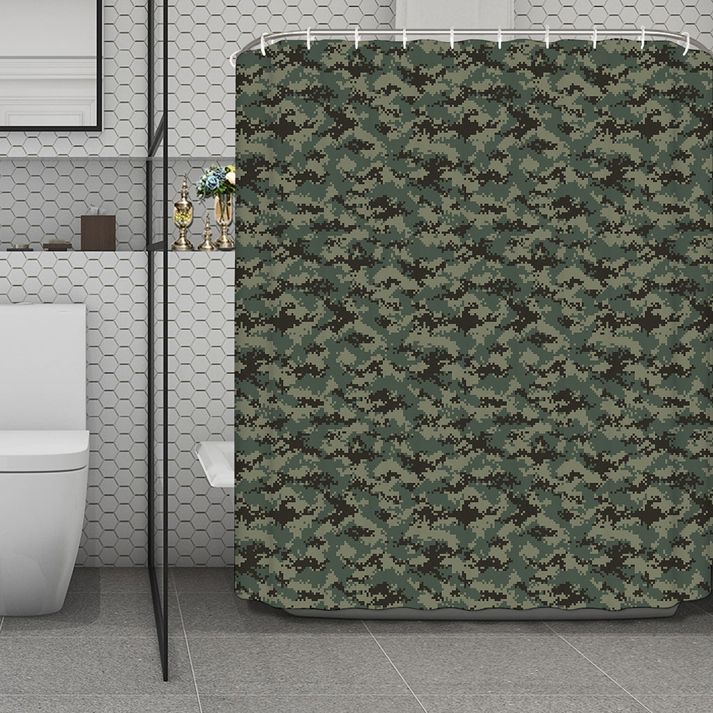 Forest Green Digital Camo Pattern Print Polyester Shower Curtain