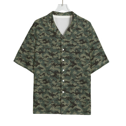Forest Green Digital Camo Pattern Print Rayon Hawaiian Shirt