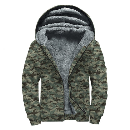 Forest Green Digital Camo Pattern Print Sherpa Lined Zip Up Hoodie