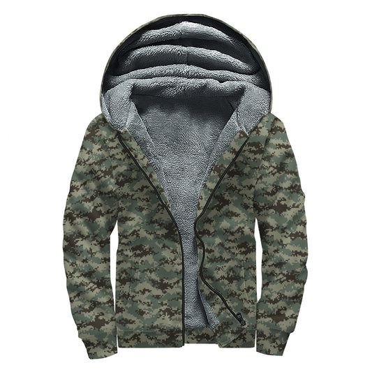 Forest Green Digital Camo Pattern Print Sherpa Lined Zip Up Hoodie