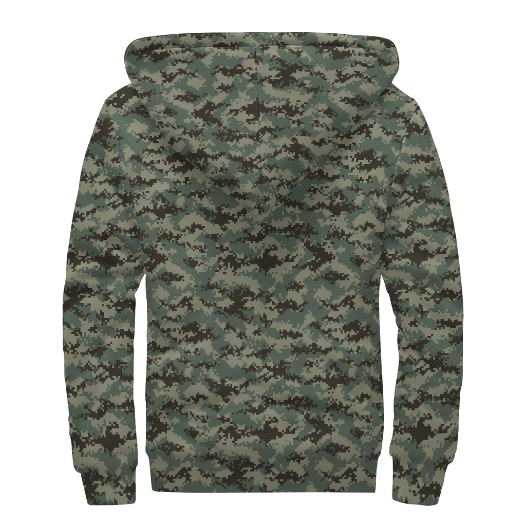 Forest Green Digital Camo Pattern Print Sherpa Lined Zip Up Hoodie