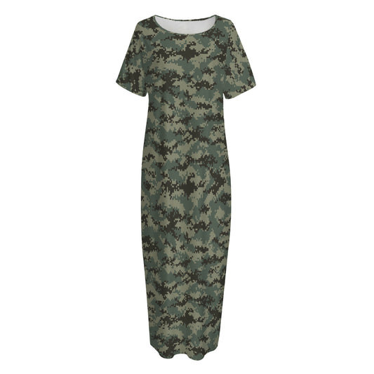 Forest Green Digital Camo Pattern Print Short Sleeve Long Nightdress