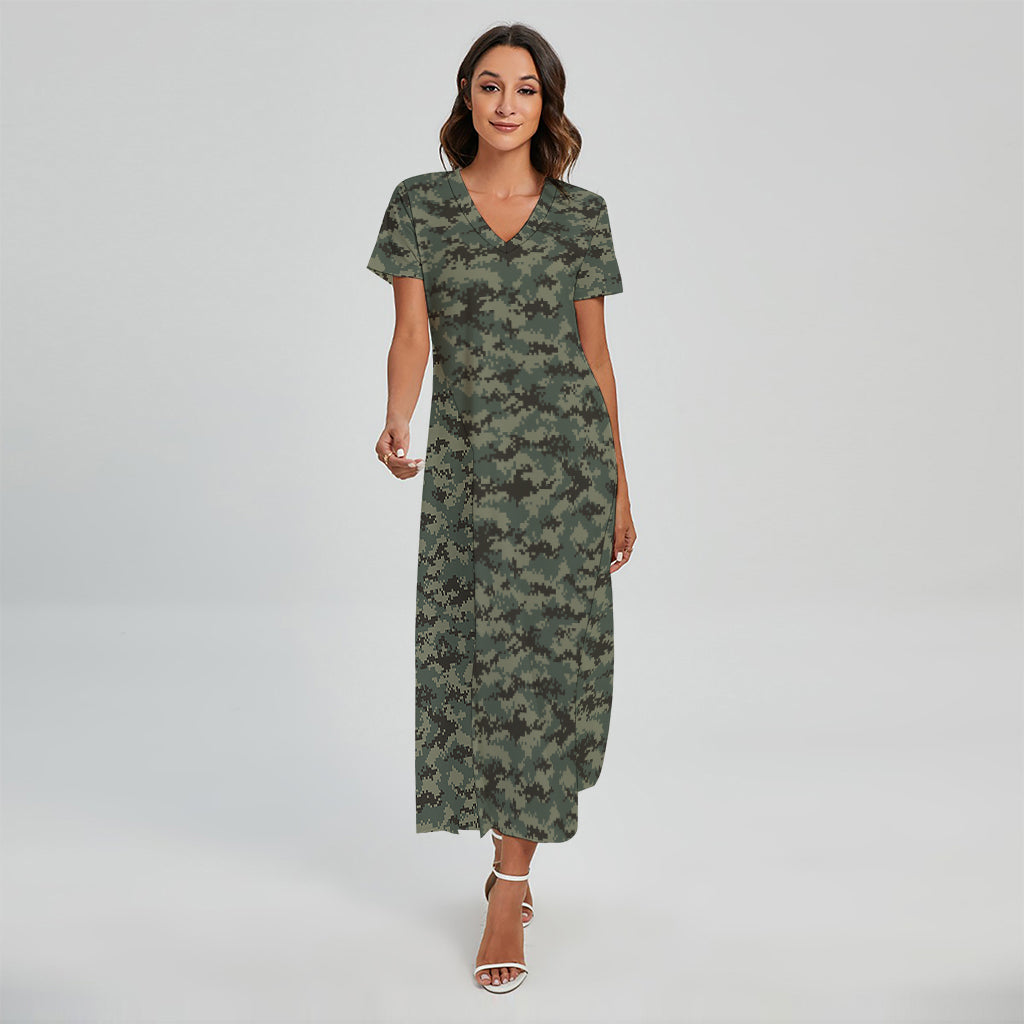 Forest Green Digital Camo Pattern Print Short Sleeve Maxi Dress
