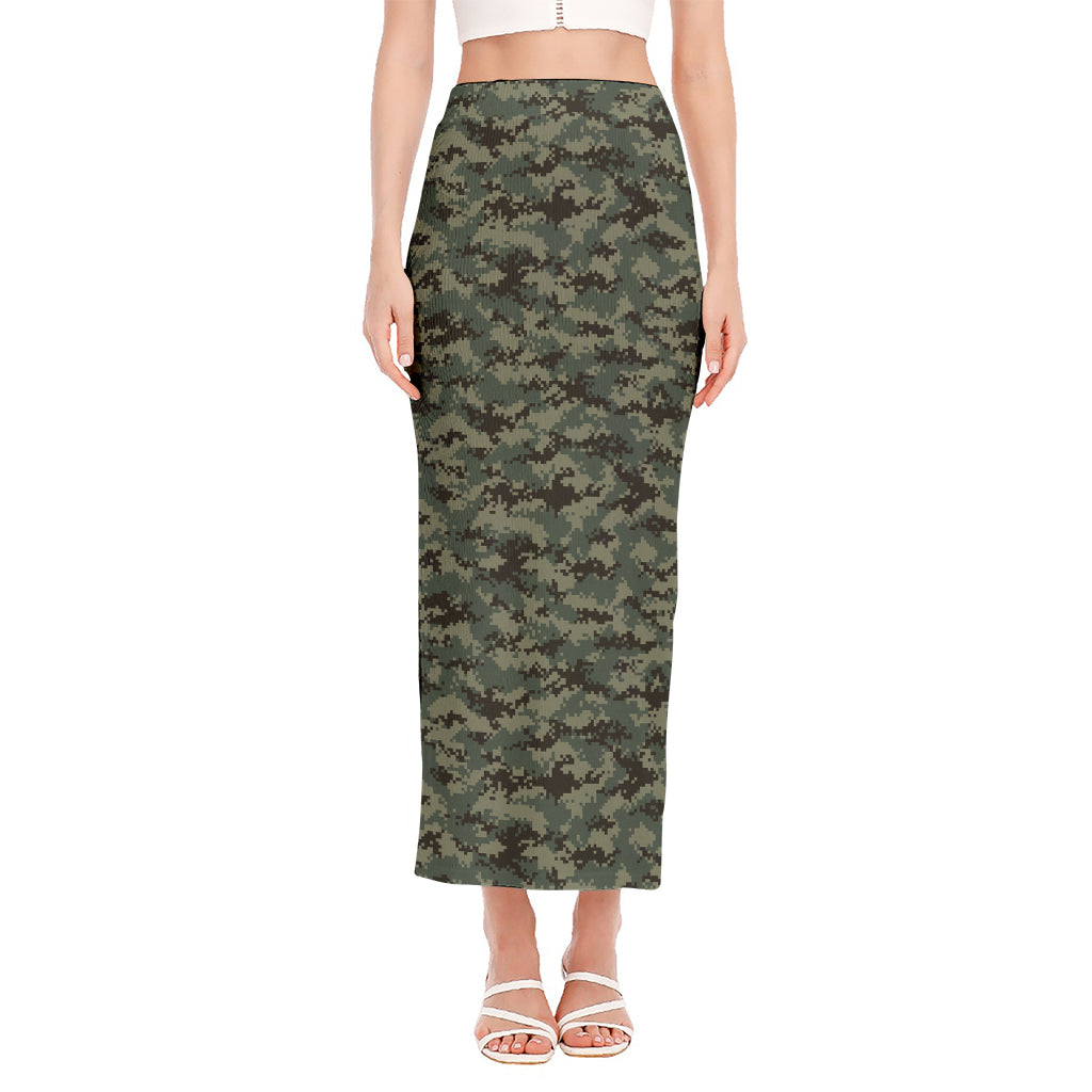 Forest Green Digital Camo Pattern Print Side Slit Maxi Skirt