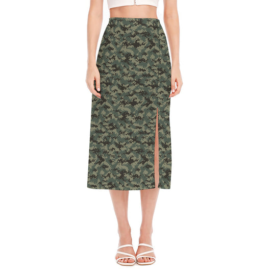 Forest Green Digital Camo Pattern Print Side Slit Midi Skirt