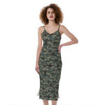 Forest Green Digital Camo Pattern Print Slim Fit Midi Cami Dress