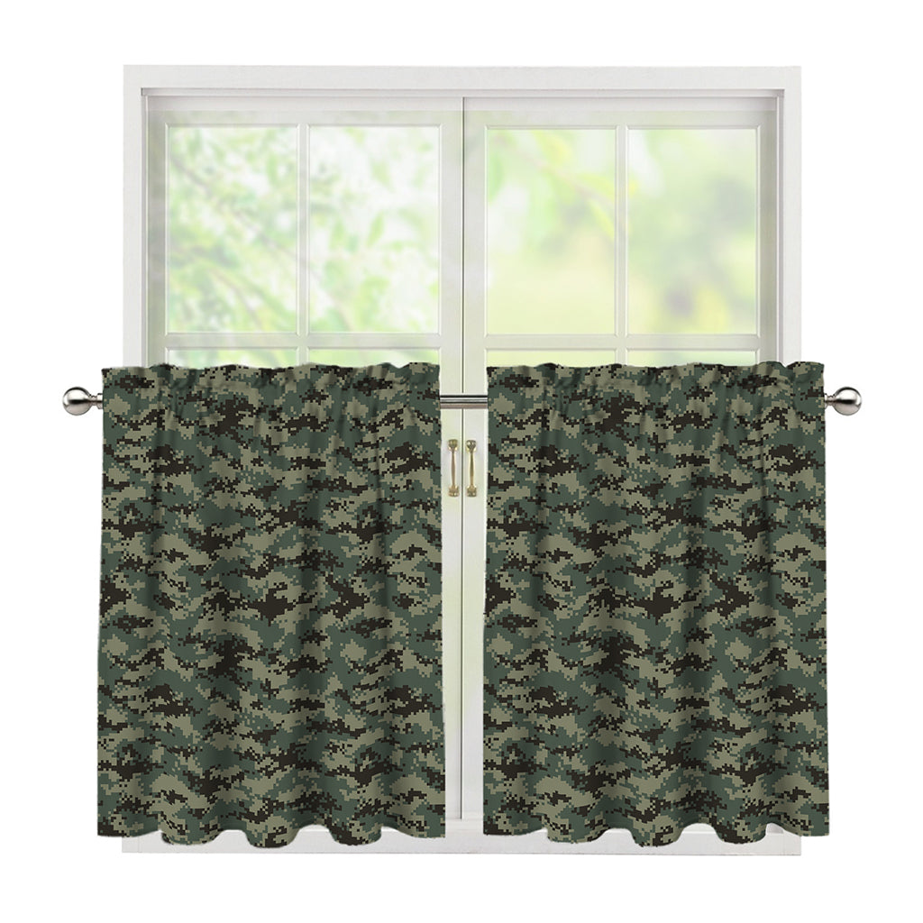Forest Green Digital Camo Pattern Print Tier Curtains