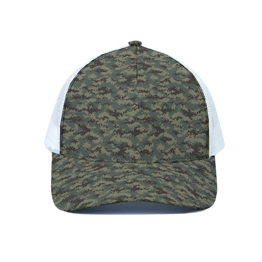 Forest Green Digital Camo Pattern Print White Mesh Trucker Cap