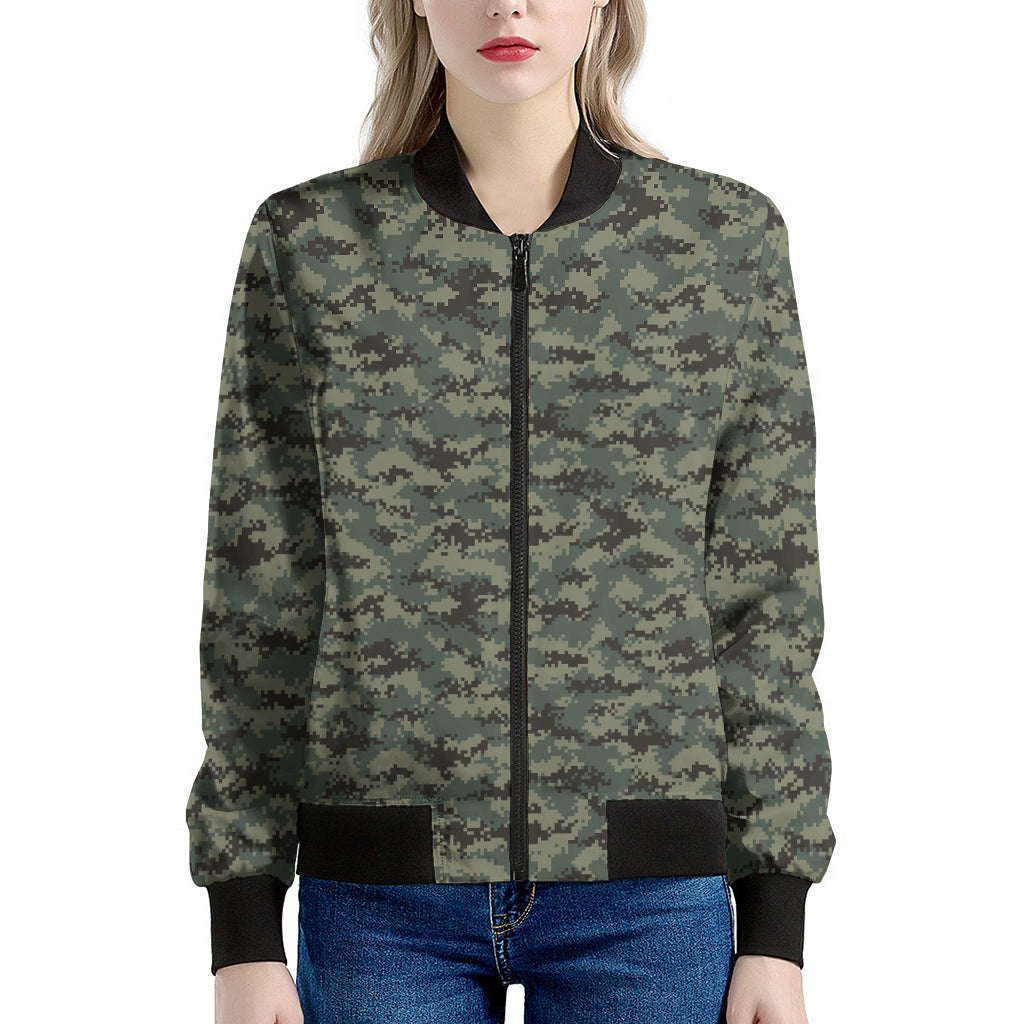 Forest Green Digital Camo Pattern Print Women's Bomber Jacket