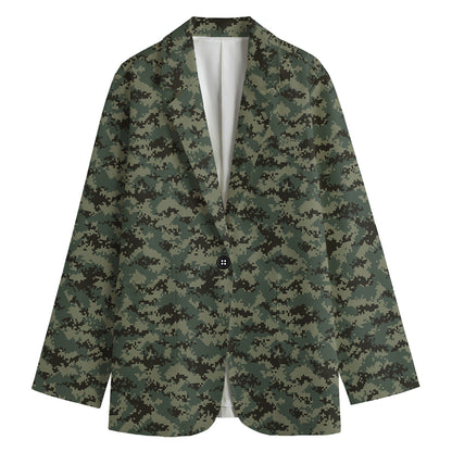 Forest Green Digital Camo Pattern Print Women's Cotton Blazer