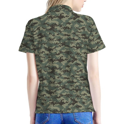 Forest Green Digital Camo Pattern Print Women's Polo Shirt