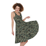 Forest Green Digital Camo Pattern Print Women's Sleeveless Dress