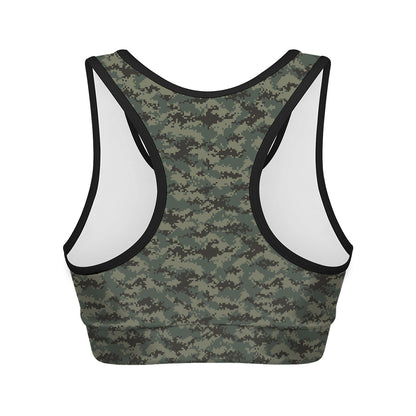 Forest Green Digital Camo Pattern Print Women's Sports Bra