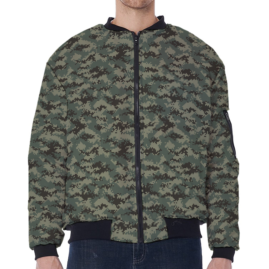 Forest Green Digital Camo Pattern Print Zip Sleeve Bomber Jacket