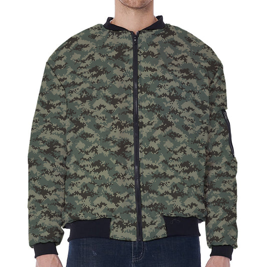 Forest Green Digital Camo Pattern Print Zip Sleeve Bomber Jacket
