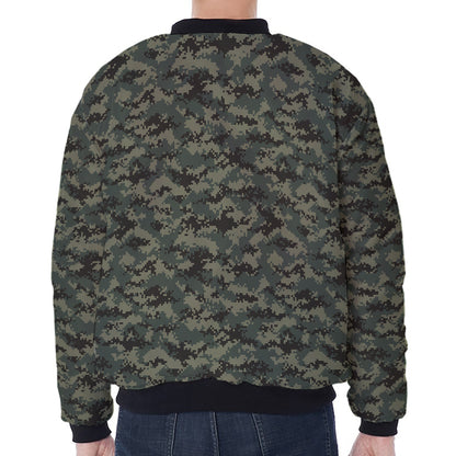 Forest Green Digital Camo Pattern Print Zip Sleeve Bomber Jacket