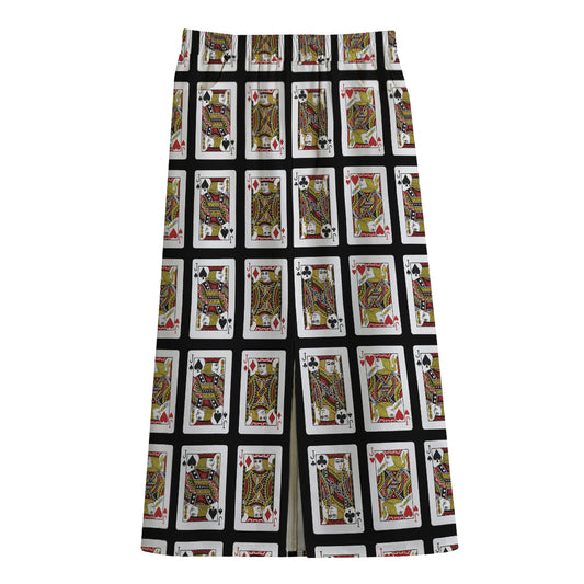 Four Jacks Playing Cards Pattern Print Cotton Front Slit Maxi Skirt