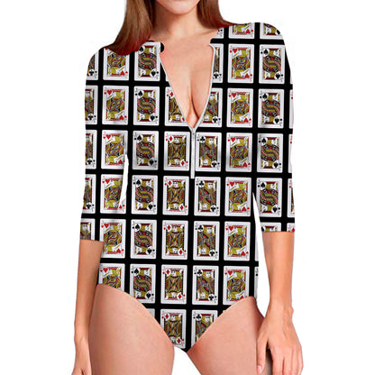 Four Jacks Playing Cards Pattern Print Long Sleeve Swimsuit