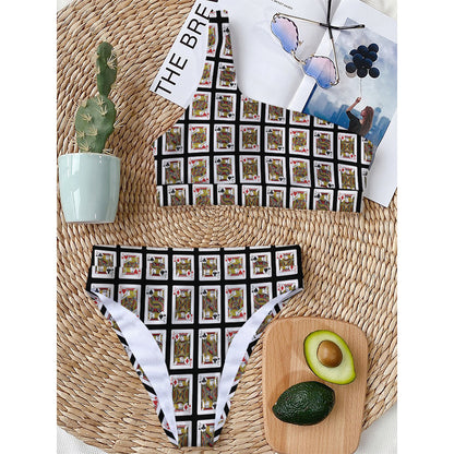 Four Jacks Playing Cards Pattern Print One Shoulder Bikini Top