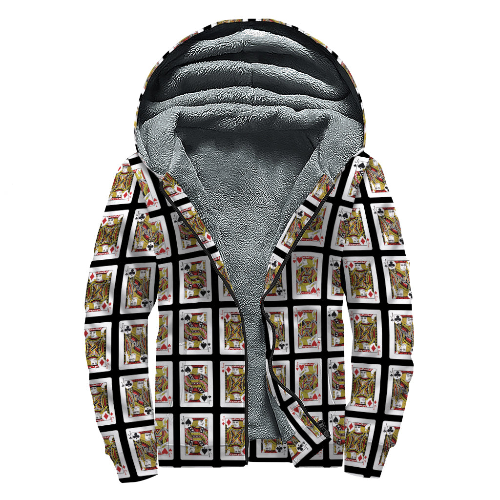 Four Jacks Playing Cards Pattern Print Sherpa Lined Zip Up Hoodie